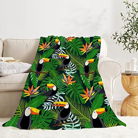 Forest Parrot Throw Blanket, Tropic Leaves Christmas Blanket Gift, Ultral Soft Cozy Warm Flannel Fleece Blanket for Animal Lover Suit for Sofa, Couch, Bed, Travel 60"x50" M Blanket for Teens Cover