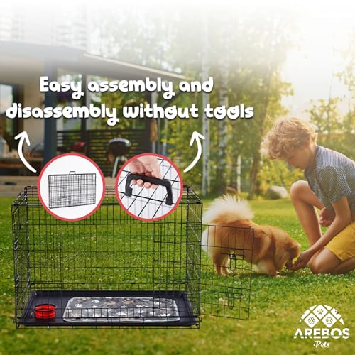 Arebos Hundekäfig 63 x 45 x 51 cm | Hundetransportbox Auto klappbar | Hundebox faltbar | Transportbox Hund mit 2 Türen | Hundekäfig für Zuhause | S Schwarz