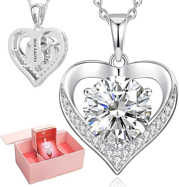 Moissanite Necklace for Women Moissanite Heart Necklace 1-3 Carat, Engraved with 'I LOVE YOU' Jewelry Gifts for Wife for Girlfriend for Mom Birthday Gift Anniversary Present