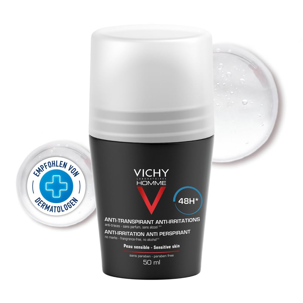 Vichy Homme Anti-Transpirant 48H Roll-On für empfindliche Haut, Deo-Roll-on für Männer, Hautberuhigend und geruchshemmend, mit Oligo-Zink und Thermalwasser aus Vichy, Für empfindliche Haut, 50 ml