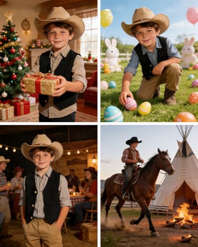 Image of Boys Vest Leather Western Cowboy Dress Vests with Pockets Vintage Suede V Neck Formal Wedding Waistcoat