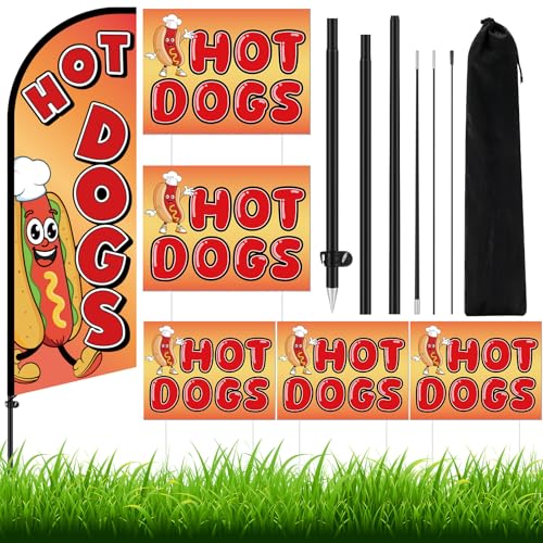 Drapeau à plumes Hot Dogs pour attirer les clients en extérieur avec mât et piquets de sol