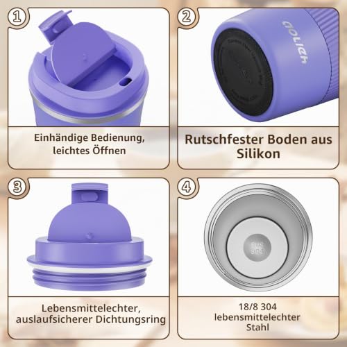 Aolieh Thermobecher 510 ml, Kaffeebecher to Go aus Edelstahl mit auslaufsicherem Deckel… – Ansicht 2