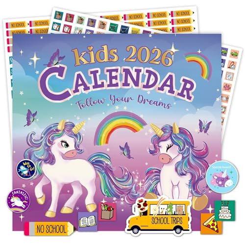 Anvianthor Kids Calendar 2026 - 12' X 12' Unicorn Calendar 2026 for Kids with 400+ Fun Stickers, Perfect for Planning, Unicorn Gifts for Girls Age...