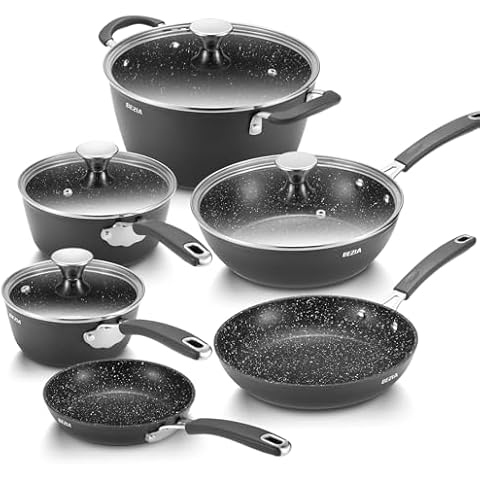 BEZIA Induction Pots and Pans Set Non-Stick, Induction Cookware Sets 10-PCS, Anti-Scald Handles＆Lids, Oven-Proof Frying Pans, Sautépan, Saucepans and Pot for Kitchen Cover