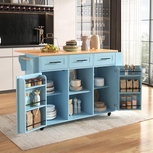 Carrito de Comedor Encimera abatible Aparador con Puerta de Almacenamiento Cajones Ruedas Aparadors Estantes Ajustables Patas de Madera Maciza Intercambiables Buffet para comedors Cocina Azul