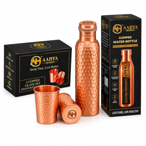 Image of Pure Hammered Copper Water Bottle (950ml) with 2 Copper Glasses (300ml) Combo Set | 99.9% Pure Copper | Gifting Item for Festival, Wedding, Birthday & Corporate Gifting | PURE LIVING.