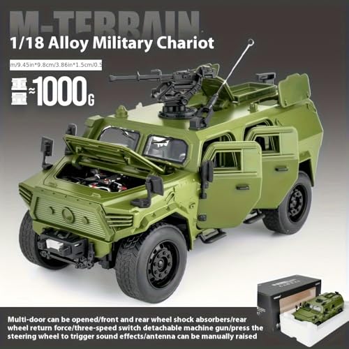 YNZHULIKH 1:18 Scale Military Armored Vehicle Model, Die-Cast Metal, Opening Doors, Rotating Gun Turret, Green - Image 4