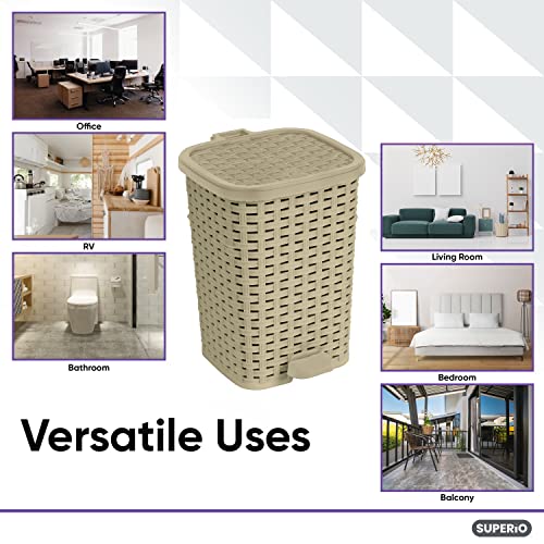 Image of Small Outdoor Trash Can with Lid for Dog-Poop 1.5 Gallon /6 L Mini Plastic Garbage Can with Foot Pedal for Bathroom, Bedroom, Office, Patio, Wicker Beige