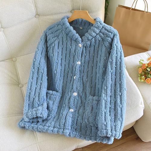 Oplxuo Women Plush Pajama Tops Button Down Sleepwear Fuzzy Fleece Jacket Long Sleeve Soft Warm Winter Coat with Pockets2