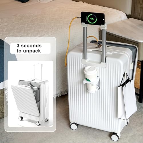 24 Inch Large Luggage Suitcase Top Opening Aluminum Frame Tsa Luggage Hard Shell Suitcases with Wheels for Travel Woman Men, with Cup Holder & USB Type-C Charging Port & Phone Stand (white)4