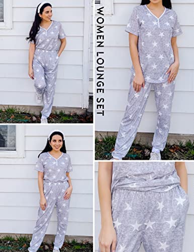 Ekouaer Pajamas Set For Womens Short Sleeve Tops Long Joggers Pants Lounge Set Soft Two Piece Pjs Star #TOP6
