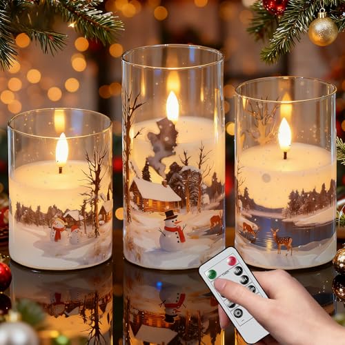 Image of Wondise Chrismtas Snowman Glass Flameless Candles with Remote Timer, Battery Operated Real Wax 3D Wick LED Flickering Pillar Candles for Christmas Decoration Thanksgiving Holiday Gift