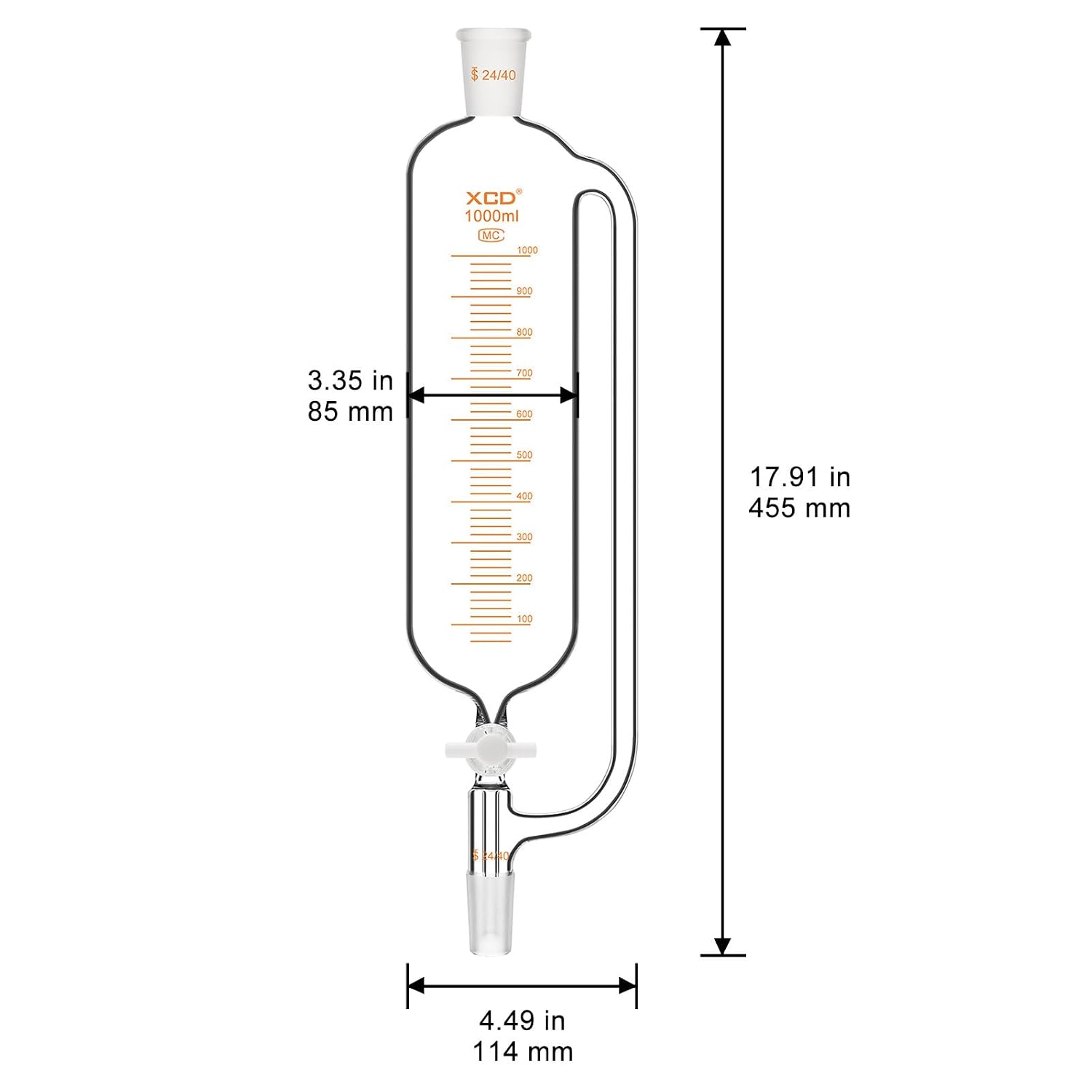 XCD Pressure Equalizing Graduated Addition Funnel 1000ml, Borosilicate Glass with PTFE Stopcock & 24/40 Standard Taper Joint for Controlled & Precise Dropwise Addition of Reagents in Lab Experiments