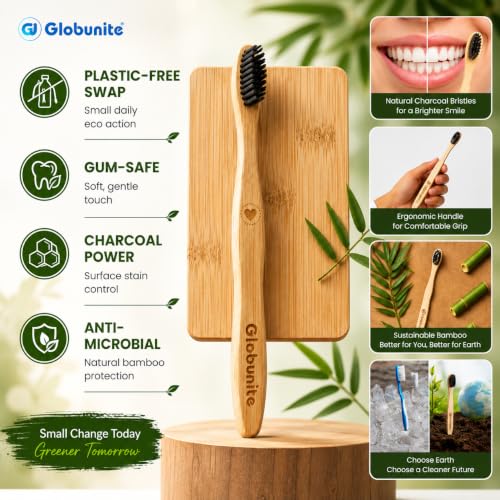 Image of Eco Friendly Bamboo Toothbrush for Adults Pack of 4 Soft Bristle Charcoal Plastic Free Sustainable Organic brush for Natural Oral Care