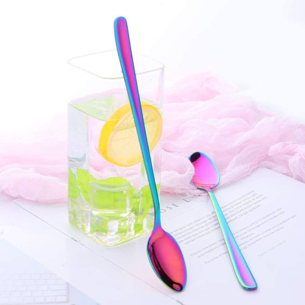 Cucchiai Rainbow Latte Manico lungo, Buyer Star Premium 304 Cucchiai da gelato in acciaio inox per cocktail agitazione, tè, caffè, frappè, bevande fredde