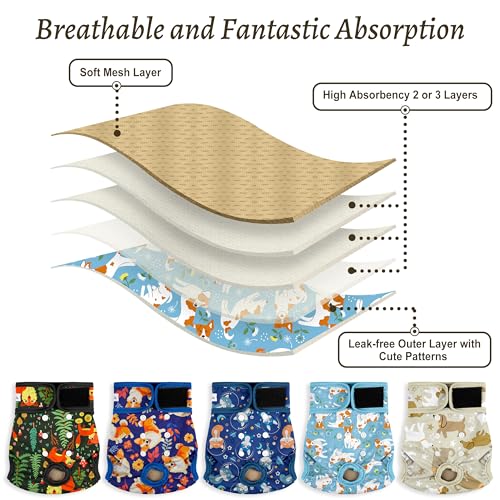 Image of Washable Female Dog Diapers (5 Pack) - Doggie Reusable Small Medium Large Dog Diapers for Doggy Puppy Female in Period - Highly Absorbent Dog Heat Panties,S Plus,Cute Dog Pattern