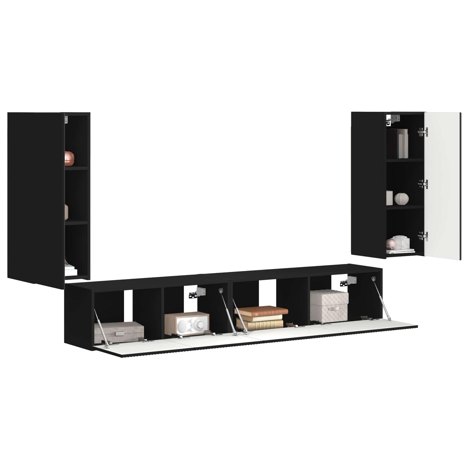 TV-Schrankset 4-teilig Schwarz aus Holzwerkstoff, Modernes Media Center für Wohnzimmer, Schlafzimmer, Elegante Aufbewahrungslösung mit verstellbaren Regalen
