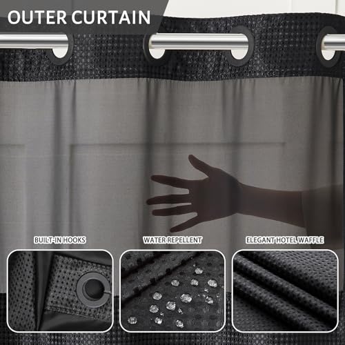 Image of Furlinic Extra Long No Hook Waffle Weave Shower Curtain with Snap in Fabric Liner Set,Heavy Duty Bathroom Curtains with See Through Window,Machine Washable & Waterproof,Black,71x84 Inch