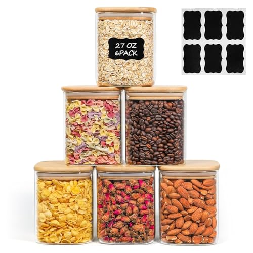 ComSaf 0.8 Qt Glass Food Storage Jars Set of 6, Clear Storage Containers with Airtight Lids, Pantry Organization Jar, Spice Jar, Blooming Tea, Oat, Coffee and Sugar Container, Canister Set for Kitchen