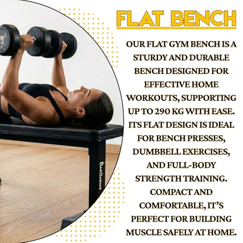 Image of BARBARIAN Flat Gym Bench for Home Workout, Heavy Duty Steel Frame, 290kg Capacity, Multipurpose Fitness Bench Press for Strength Training, Anti-Slip Base & PU Leather Padding, Black