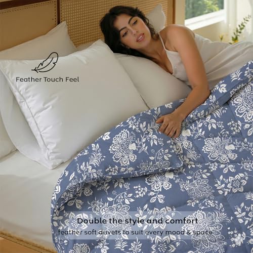 Image of AYKA Reversible AC Comforter 150 GSM Microfiber Summer Blanket Single Bed (60x90 Inches) | Floral Design Cooling Quilt for AC Room | Soft Breathable Duvet Blue & White