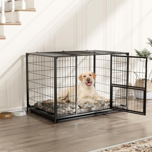VOWNER Hundekäfig Hochbelastbar, 3 Türen Hundebox, 104 x 68 x 73 cm, für mittelgroße und große Hunde, 2 abnehmbare Türen mit Herausnehmbares Bodenschale, XL Gitterbox für Zuhause, Schwarz