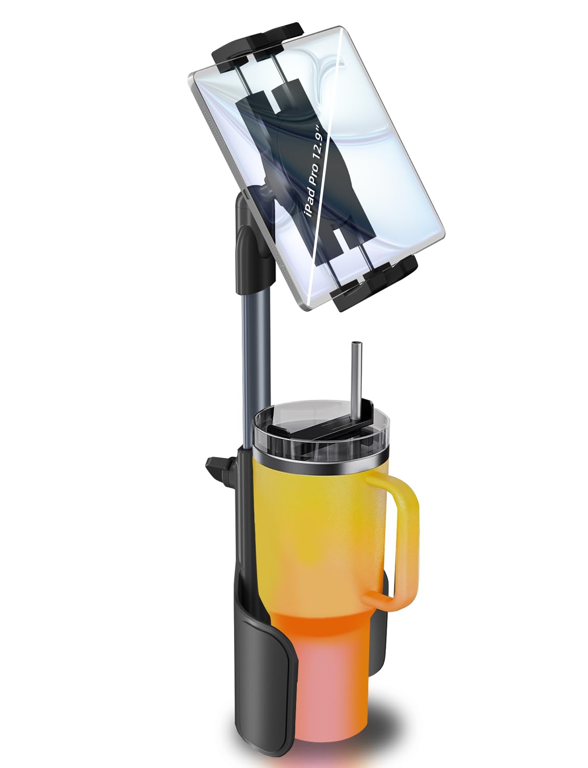 3 in 1 Tablet Holder for Car Bottle, 360°Rotatable & Aluminum Telescopic Arm Sturdy Rod Cup Holder Tablet Mount for iPad Pro 12.9/11/10.5/9.7/Air/Mini 6/5/4, iPhone 16/15/Pro, 4.7-12.9