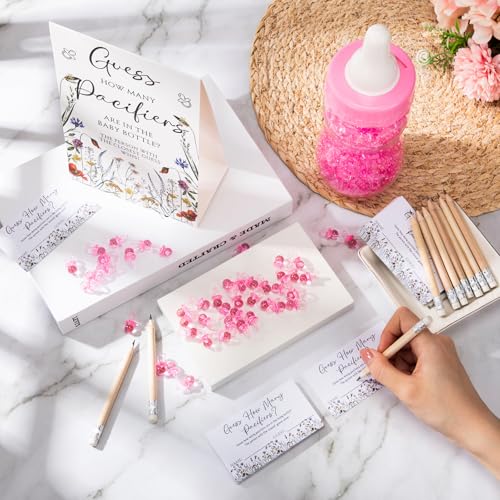 Image of Roowest 512 Pcs Baby Shower Games Guess How Many Pacifiers Sign 100 Small Guessing Games 10 HB Pencils 750ml Milk Bottle 400 Acrylic Pacifiers Decoration for Guest Gender Reveal(Pink,Bloom)