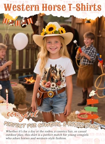 Girls Western Horse T-Shirts - Cute Cowgirl Outfit Kids Short Sleeve Shirts Funny Tops Rodeo Toddler Summer Tee4