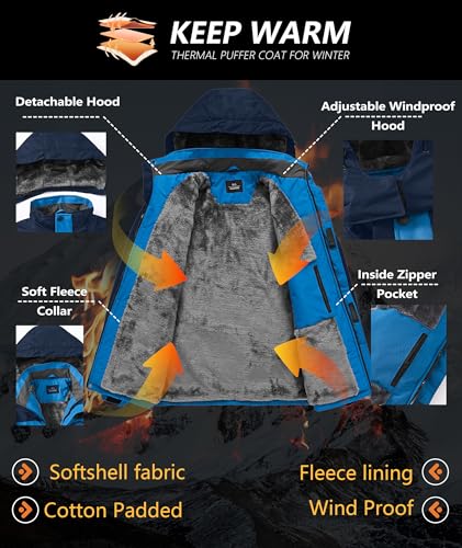 Image of Mens Winter Jackets Waterproof Warm Fleece Ski Jacket with Hood Thermal Windproof Coat Zip Pockets