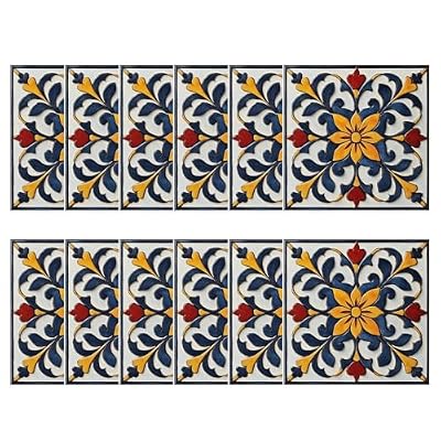 BooDecal Large Flower Pattern Retro Vintage Peel and Stick Fake Tile Stickers DIY (Pack of 12 Large) 7.87 x 7.87 inches Wall Tile Decals PVC Kitchen Backsplash Wall Stairs Furniture (Yellow)
