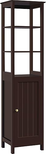 Miniatura 1 de Yaheetech Armario de almacenamiento alto para baño con puerta y estantes, organizador de inodoro estrecho de 3 niveles con estantes abiertos,