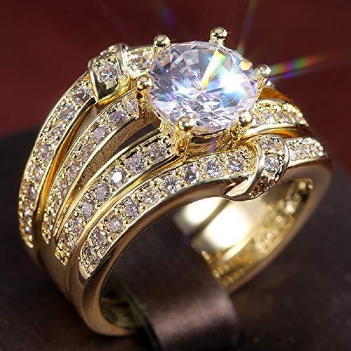 925 Sterling Silver CZ Ring Round Cut Cubic Zirconia Ring High-end Faceted Cushion Simulation 4 Carat Diamond Fashion Wedding or Engagement Ring Women's Three-Piece Set (Gold, 6)
