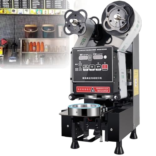 Full Automatic Cup Sealer Machine 88/90/95mm All-Auto Cup Sealing Machine 500-600 Cups/H, LCD Digital Controls for Bubble Tea, Coffee & Delights,Black-90/88mm