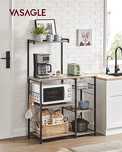 Image of VASAGLE Baker's Rack, Microwave Stand, Kitchen Storage Rack with Wire Basket, 6 Hooks, and Shelves, for Spices, Pots, and Pans, Heather Greige and Ink Black UKKS035B02