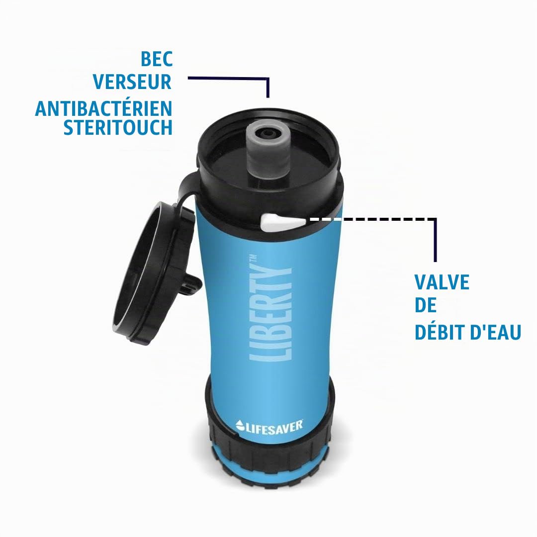 LifeSaver® Liberty Bouteille filtrante (400 ml) | Gourde filtre 99,9999 % des bactéries | Traitement de l'eau potable pour le camping jusqu'à 2 000 l | Désinfectant d'eau portable pour la randonnée