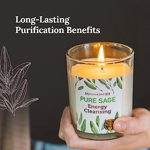 Magnificent 101 Set of 3 Long Lasting Pure Sage Smudge Candles - 42 Hour Burn, 3.5 Oz Each, Made with Soy Wax and Herb, Ideal for House Energy Cleansing, Meditation & Manifestation