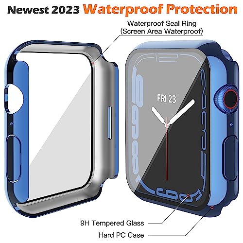 Image of Misxi [2 Pack Waterproof Anti-Scratch Case with Button for Apple Watch Series 9 (2023) Series 8 Series 7 41mm, Hard PC Cover with Tempered Glass Screen Protector for iWatch, 1 Blue + 1 Transparent