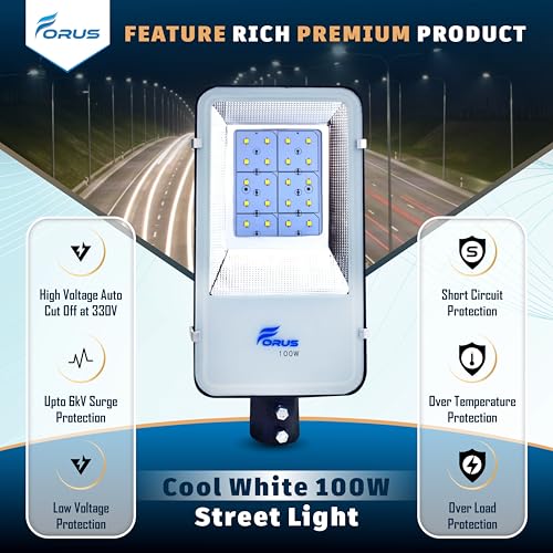 Image of Forus LED Street Light 120W Waterproof IP66, Cool White 120 Watt LED Street Light Outdoor for Road, Parking, Garden & Security Lighting, High Power Energy Efficient, 5 Years Warranty (1 Pc)