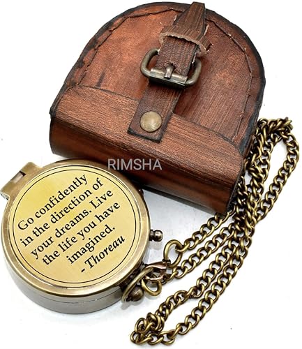 Brújula de bolsillo magnética náutica antigua con grabado y estuche de cuero Rimsha miniatura 4