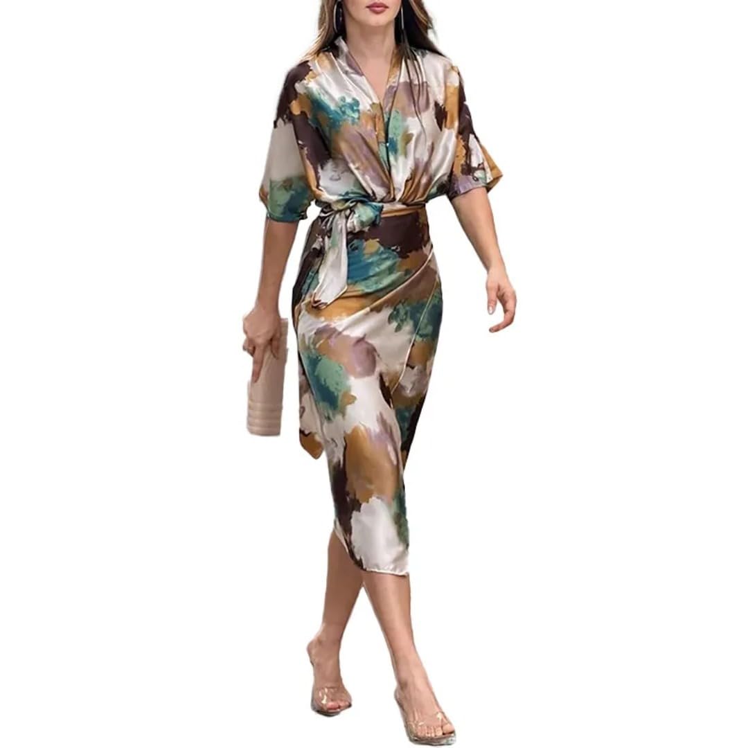 Womens Office Short Sleeve V-Neck Long Belted Slit Party Dress