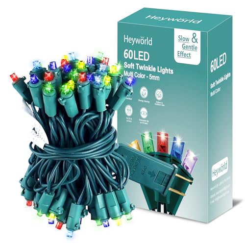 Heyworld 60 LED Slow Twinkle Christmas Lights 5mm Wide Angle Soft Glow UL Certified 17ft String Lights - Connect Up to 45 Sets Waterproof for Indoor & Outdoor Holiday Decor (Multi Color)