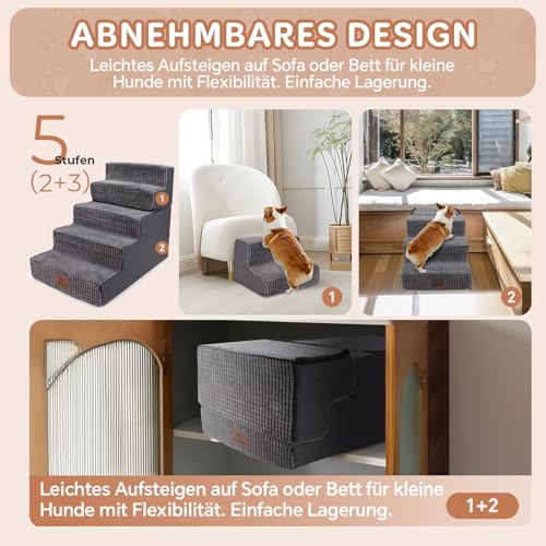Sytopia Hundetreppe Große Hunde 5 Stufen Hoch, Hundetreppe für Bett 60cm, Haustiertreppe waschbar, hochdichter Schaumstoff, für verletzte ältere Hunde (57cm Höhe, Grau)