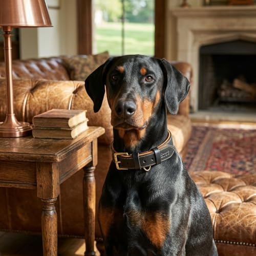 Image of Genuine Leather Dog Collar, Black, Extra Large, Brass Buckle, Padded | 1.5 Inch Wide, Fit Neck Size - 22 inch - 26 inch, Double D Ring, Adjustable, Thick Leather, Heavy Duty, Soft Leather padding
