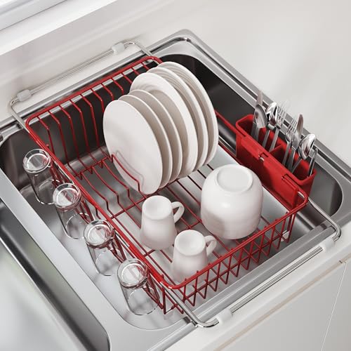 Image of JASIWAY Red Dish Drying Rack in Sink, Dish Drainer with Utensil Holder