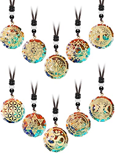 10 Pieces Chakra Necklace Orgonite Necklace Crystal Pendant Necklace Spiral Chakra Healing Energy Necklace Adjustable Reversible Pendant for Women Men,1.4 Inches