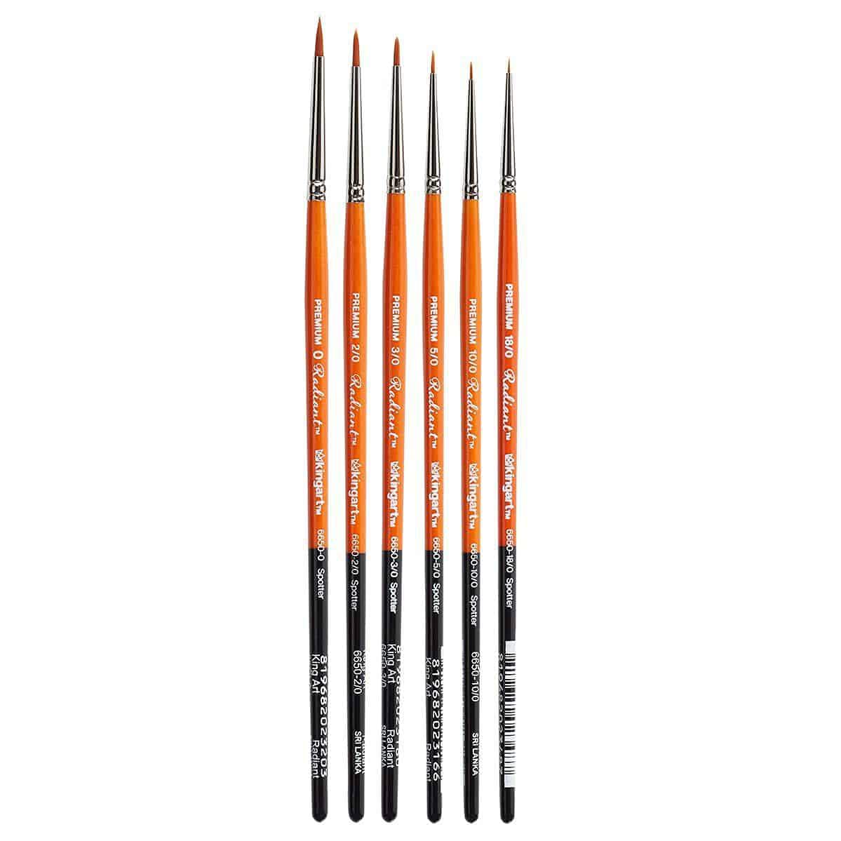 KINGART B-023 Premium 6 pc. Radiant 6650 Series Spotter Artist Brush Set, Synthetic Taklon for Acrylic, Oil, Watercolor Paint, Short Handle, 6 Brushes Sizes: 18/0, 10/0, 5/0, 3/0, 2/0, 0
