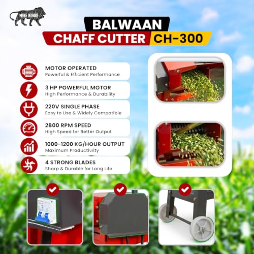 Image of Balwaan Krishi Electric Chaff Cutter | 2.2kW /3HP Motor | 1000 kg /h Output | 4 Blade with Motor and Gear System with Wheels | Suitable for Both Dry & Wet Grass | CH-300