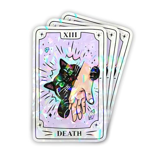 Set 3Pcs Black Cat Tarot Card Holographic Sticker 3 Inches Funny Tarot Dark Humor Cat Lover Gothic Waterproof Die-Cut Vinyl Decals for Book Water Bottle Laptop Gifts Mom Dad Friend Coworker